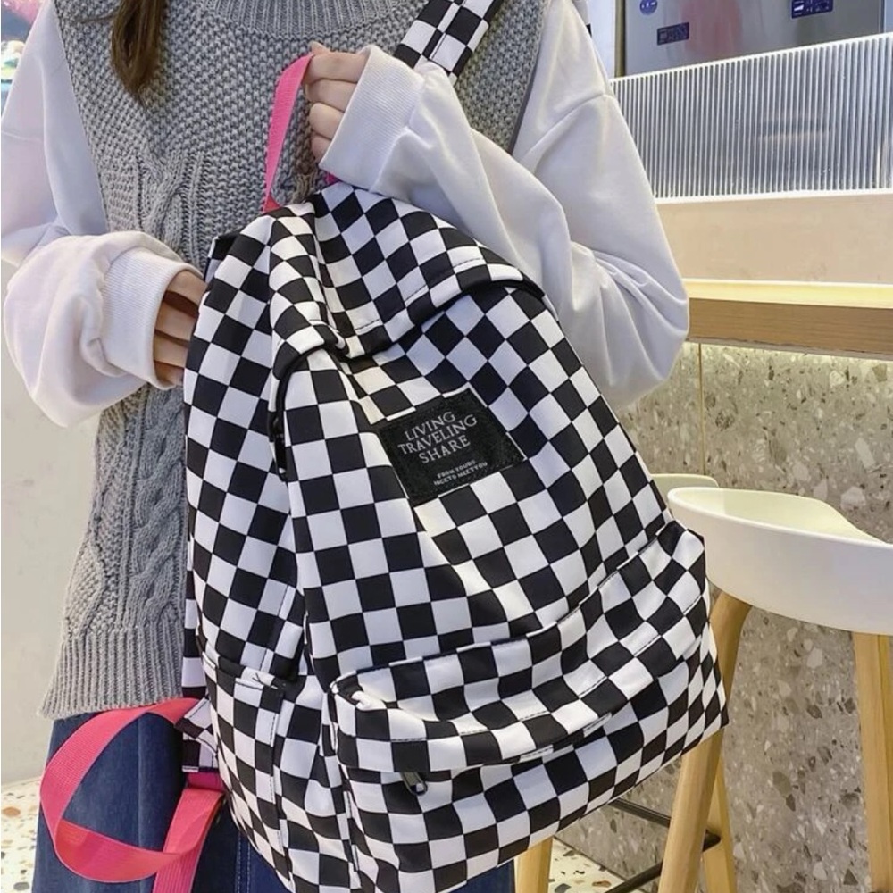 Large Capacity Waterproof Casual Classic Checkered Print Slogan Patch Decor